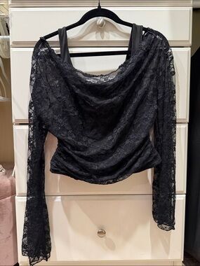 Women's Black Lace Draped Cowl-Neck Blouse